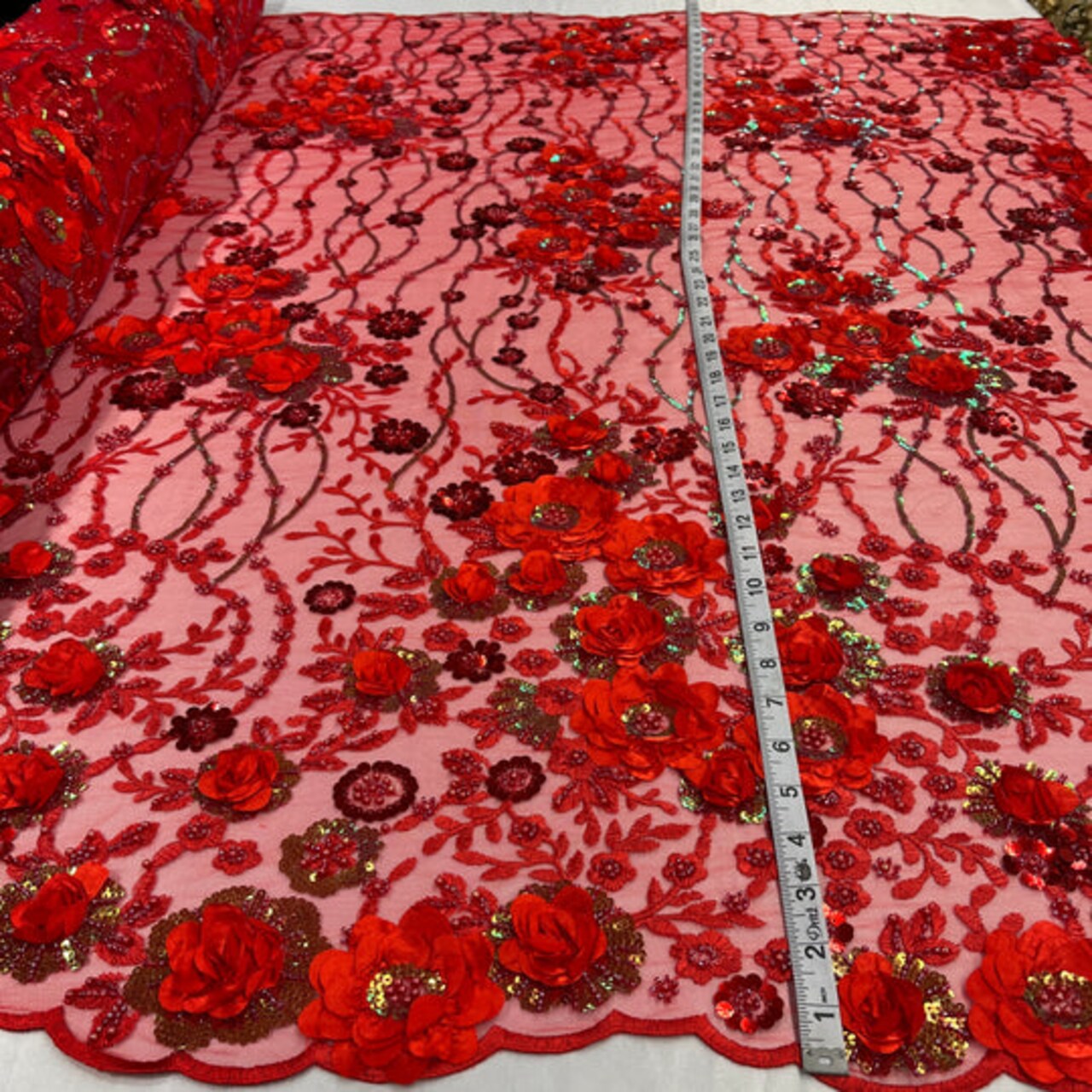 1 Yard Beaded Rhinestone 3D Floral Lace Fabric Embroidered 100 Percent Polyester Net Mesh 52 inch Width